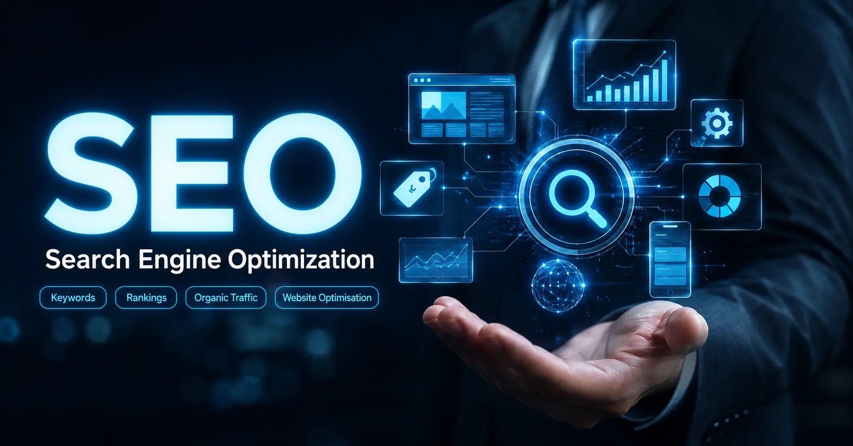 SEO for Business strategy showing website optimisation, Google search visibility, organic traffic, and business growth.
